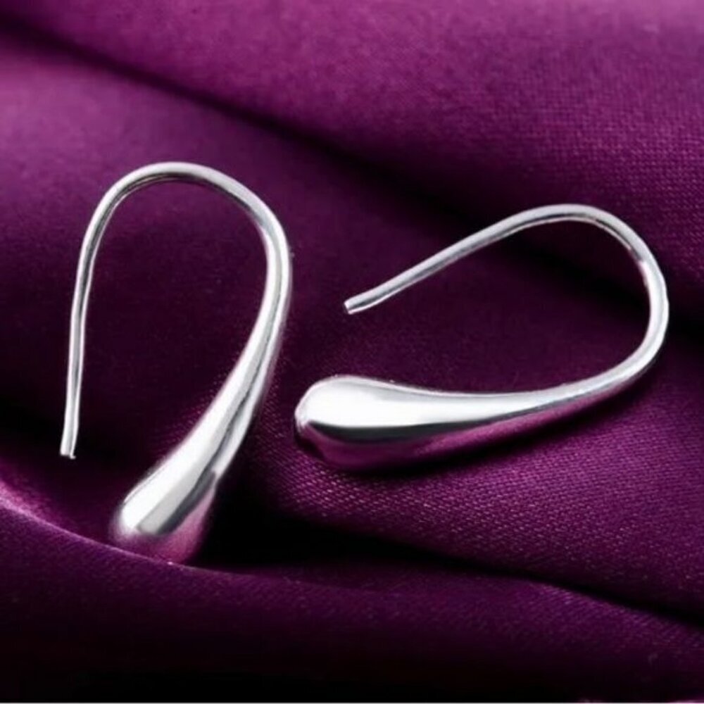 NWT Minimalist Teardrop Dangle Hook Earrings Sterling Silver 925 Contemporary - Picture 2 of 7